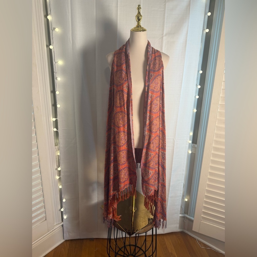 Soft Surroundings Orange Red Paisley Fringe Open Cardigan Wrap